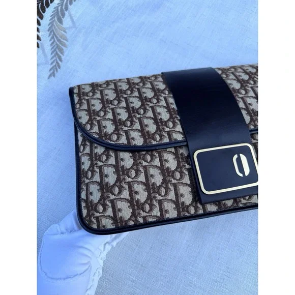 Christian Dior Vintage Trotter Monogram Fold-Over Clutch‎ Brown/ Beige - Picture 4 of 10